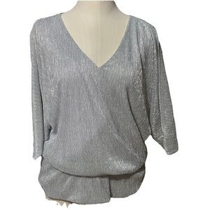 Chaus New York Metallic Silver Split Sleeve Holiday‎ Blouse Size Large NWT